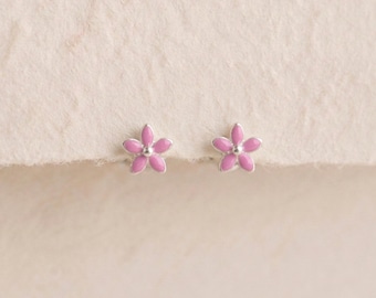 Tiny Pink Forget Me Not Flower Stud Earrings in Sterling Silver
