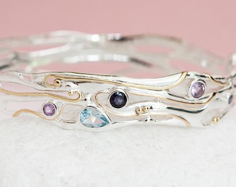 Blue Topaz, Iolite and Amethyst Hinged Bangle in Molten Sterling Silver and Gold
