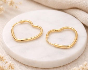 Gold Plated Sterling Silver Heart Hoop Sleeper Earrings – 22mm