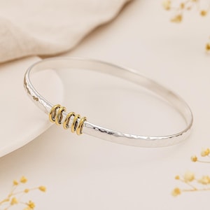 Personalized Hammered Sterling Silver Bangle with Brass Rings - Engraved Gift