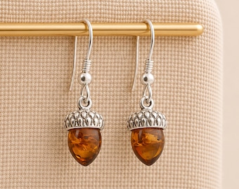 Small Sterling Silver Baltic Amber Acorn Hook Drop Earrings