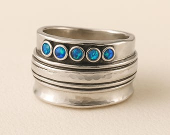 Molten Sterling Silver Blue Opal Quintet Ring