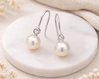 Sterling Silver Freshwater Pearl and Cubic Zirconia Drop Earrings – 6mm