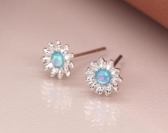 Sterling Silver Blue Opal Daisy Stud Earrings – 6mm