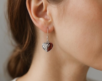 Sterling Silver Baltic Amber Filigree Heart Drop Earrings, 15mm