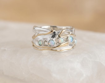Opal Wave Ring in Molten Sterling Silver and Gold