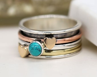 Personalised Turquoise Heart Spinner Ring | Solid 925 Sterling Silver | Spinning Ring | Anxiety Ring Spinner | Engraved Ring | Women