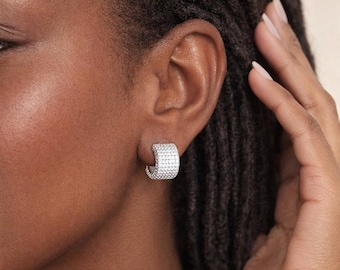 Chunky Sterling Silver Pave Open Hoop Earrings