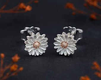 Sterling Silver September Aster Birth Flower Stud Earrings