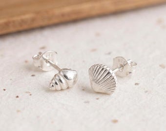 Mismatched Sea Shell Stud Earrings in Sterling Silver