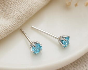 Aquamarine CZ Stud Earrings • Micro Sterling Silver Studs • March Birthstone Gift • Dainty Minimalist Jewellery • Tiny Sparkly Earrings •