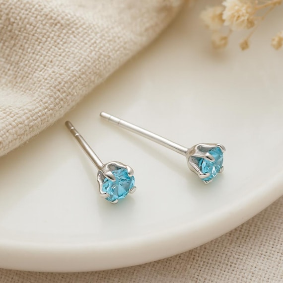 Aquamarine CZ Sterling Silver Stud Earrings: Minimalist March