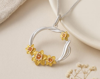 Daffodil Wreath Pendant • March Birth Flower Necklace in Sterling Silver & 18ct Gold • Personalised Disc • Spring Floral Gift