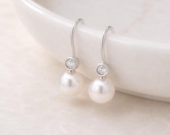 Sterling Silver Sparkling White Freshwater Pearl Hook Drop Earrings