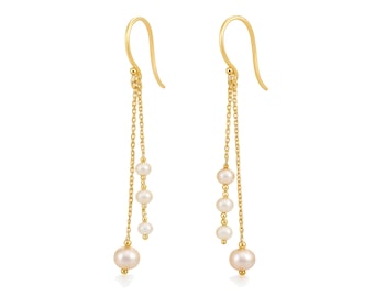 Gold Plated Sterling Silver Multi Freshwater Pearl Long Drop Earrings