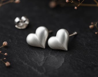 Sterling Silver Brushed Heart Stud Earrings