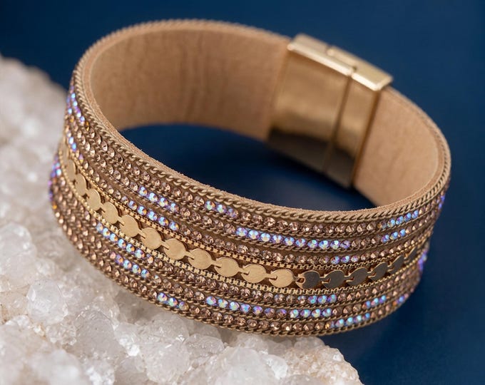 Featured listing image: Wide Aurora Borealis Cuff Bracelet with Gold Plating