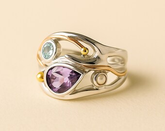 Molten Sterling Silver, Blue Topaz, Amethyst and Freshwater Pearl Ring