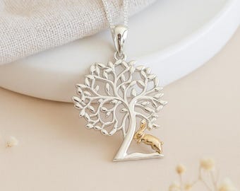 Tree of Life and Hare Pendant • Sterling Silver & Gold Plated Rabbit Necklace • Woodland Animal Charm • Nature Lover Gift Jewellery