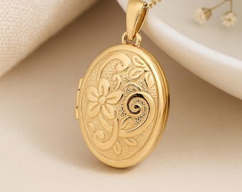 Personalised Solid 9ct Gold Oval Embossed Flower Locket