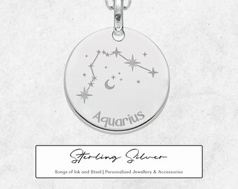 Personalised Aquarius Constellation Necklace in Sterling Silver, Zodiac Necklace, Hand Drawn Constellation, Aquarius Astrological Sign