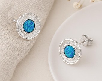 Blue Opal Stud Earrings • Sterling Silver Molten Texture Studs • October Birthstone Gift • Organic Silver Jewellery •