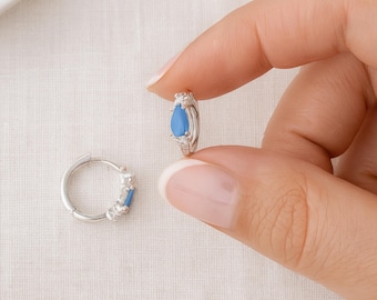 Sterling Silver Turquoise Huggie Hoop Earrings, 10mm