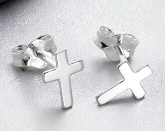Small Cross Stud Earrings in Sterling Silver, Cross Earrings, Silver Cross Earrings, Plain Cross Earrings