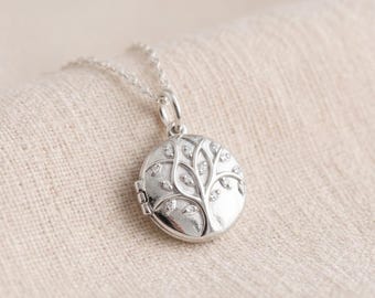 Personalised Tree Of Life Photo Locket Necklace in Sterling Silver with Cubic Zirconia Stars