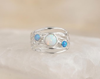 Molten Sterling Silver Blue and White Opal Trio Ring