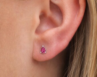 Small Sterling Silver Pear Cut Teardrop Pink Ruby Stud Earrings