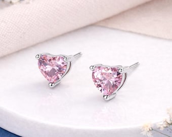 Sterling Silver Pink Heart Cz Stud Earrings – 7mm