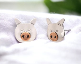 Cute Little Pig Stud Earrings in Sterling Silver and Copper,  Farm Animal Earrings, Whimsical and Pretty Jewellery