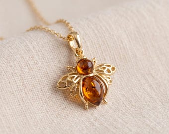 Personalised Baltic Amber Bee Pendant Necklace In Gold Plated Sterling Silver