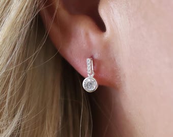 Sterling Silver CZ Bar Drop Stud Earrings