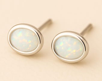 Oval Sterling Silver White Opal Stud Earrings
