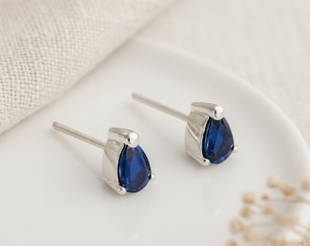 Sapphire Teardrop Stud Earrings • Sterling Silver CZ Earrings • September Birthstone Gift • 6x4mm Blue Studs • Gift for Her •