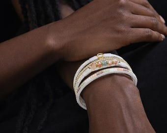 Gold Plated White Multistrand Bracelet With Warm Earthy Pastel Crystals
