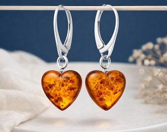 Sterling Silver Baltic Amber Heart Drop Earrings – 13mm