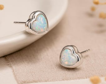 Sterling Silver White Opal Heart Stud Earrings