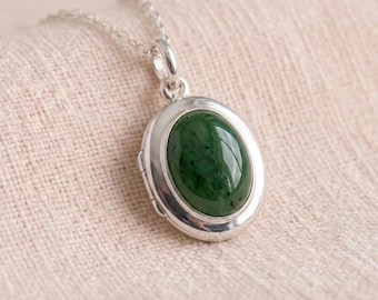 Personalised Nephrite Jade Photo Locket Necklace in Sterling Silver
