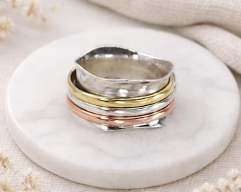 Personalised Sterling Silver, Brass & Copper Triple Spinner Ring – 8mm