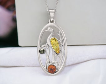 Amber Heron Necklace in Sterling Silver, Silver Bird Pendant, Nature Inspired Jewellery, Bird Necklace, Genuine Mixed Baltic Amber