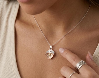 Personalised February Birth Flower Pendant Necklace in Sterling Silver and Mixed Gold