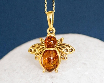 Baltic Amber Bee Pendant: 24ct Gold Plated Sterling Silver Nature Charm
