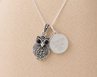 Personalised Sterling Silver Marcasite Owl Pendant Necklace
