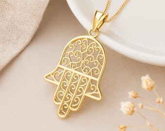 Filigree Hamsa Pendant • 9ct Gold Charm of Protection • Lightweight Talisman • Personalised Disc Option • Gift for Her • Good Luck Symbol