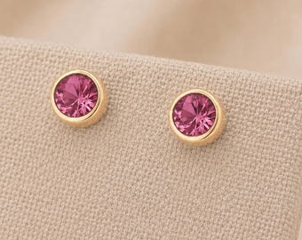 7mm Gold Plated Sterling Silver October Pink Tourmaline Birthstone Stud Earrings