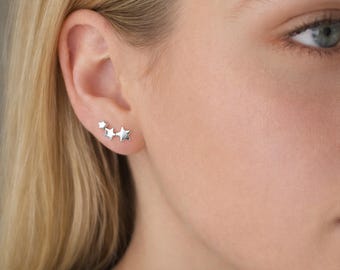Sterling Silver Star Trio Climber Stud Earrings – 15mm x 8mm