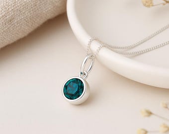 Emerald Birthstone Pendant • May Charm Necklace in Sterling Silver • Dainty Cubic Zirconia Gift • Personalised Birth Month Jewellery
